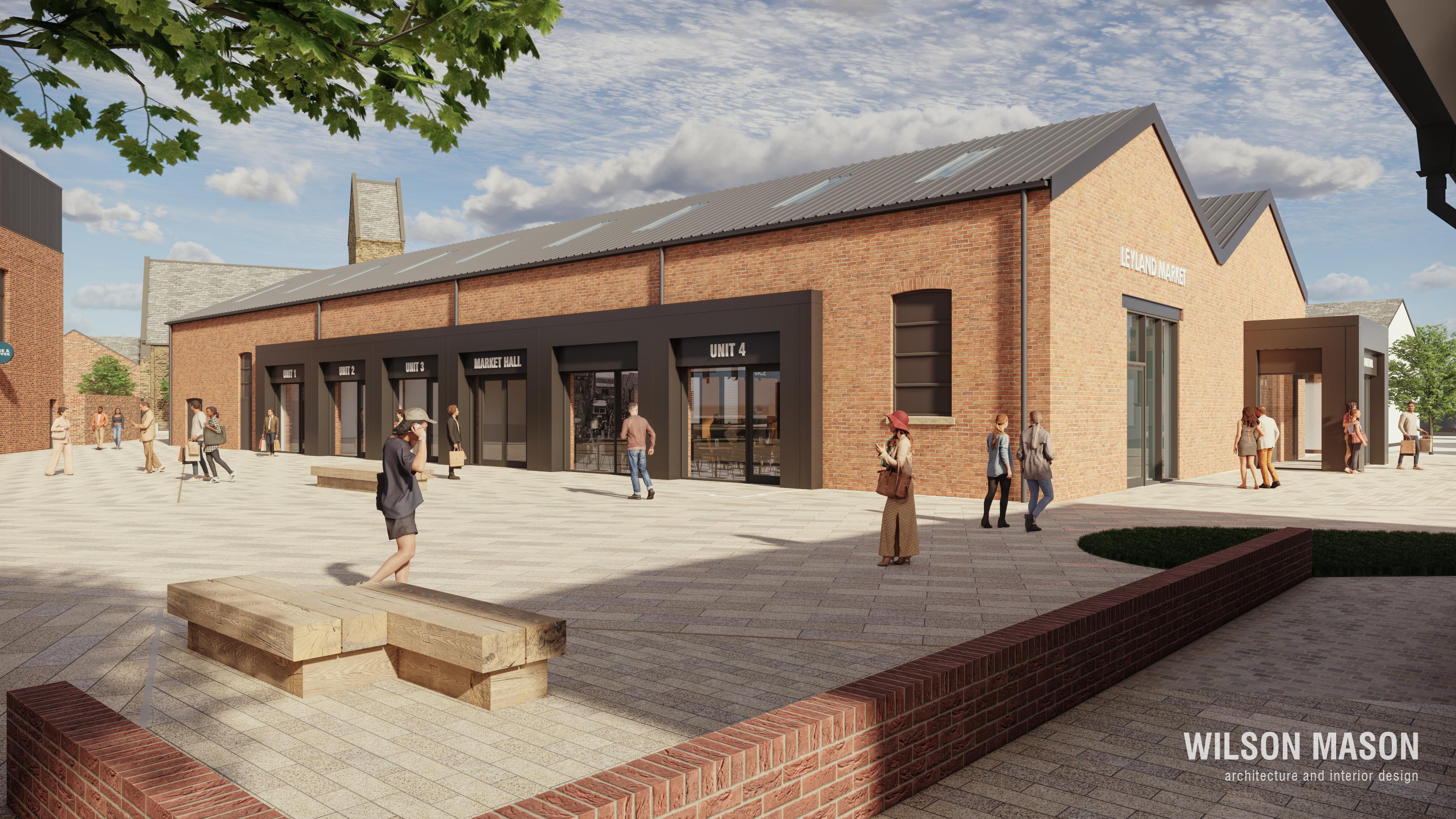 Leyland Market refurbishment - side view with outward facing stalls